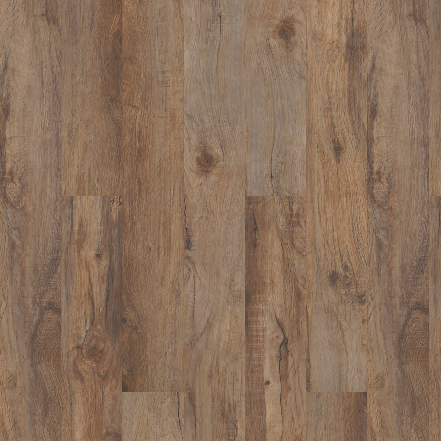 Close-up of Coretec Originals Classics Vinyl flooring featuring a natural, rustic finish with varied brown shades, visible wood grain patterns, and knots—delivering realistic wood and stone looks.