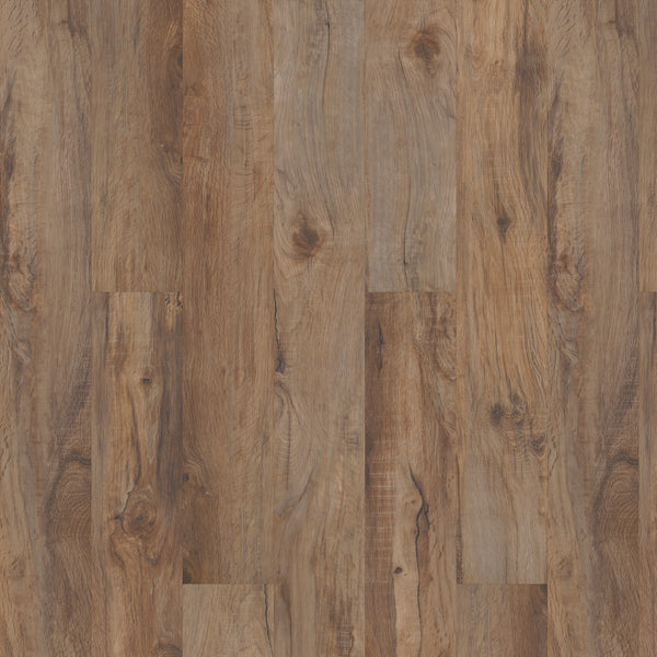 Close-up of Coretec Originals Classics Vinyl flooring featuring a natural, rustic finish with varied brown shades, visible wood grain patterns, and knots—delivering realistic wood and stone looks.