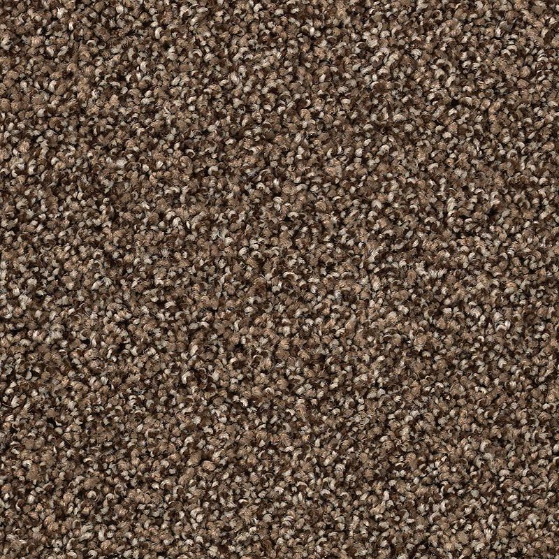 Close-up of Shaded Escape Family Friendly Carpet in Dakota color, featuring tightly woven, looped fibers in brown and tan shades for a soft, durable, and family-friendly surface.