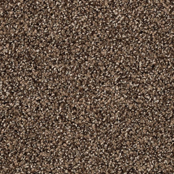 Close-up of Shaded Escape Family Friendly Carpet in Dakota color, featuring tightly woven, looped fibers in brown and tan shades for a soft, durable, and family-friendly surface.