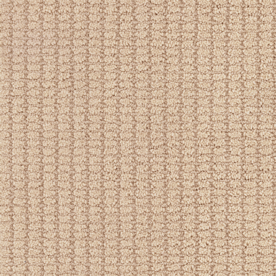Close-up of Defined Family Friendly Carpet in beige, featuring a subtle grid pattern with small, evenly spaced loops for a soft, luxurious surface and inviting, uniform look.