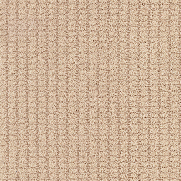 Close-up of Defined Family Friendly Carpet in beige, featuring a subtle grid pattern with small, evenly spaced loops for a soft, luxurious surface and inviting, uniform look.