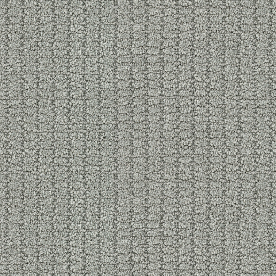 Defined Family Friendly Carpet in light gray features a subtle grid-like pattern, soft luxurious surface, and durable looped texture—perfect for family spaces.