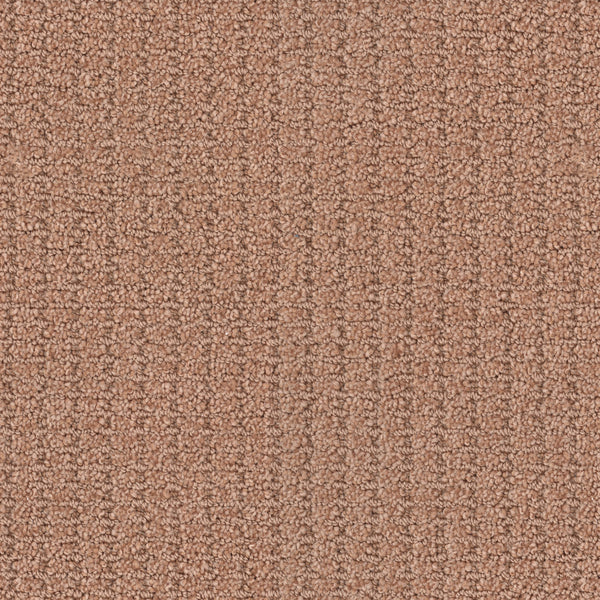 Close-up of the Defined Family Friendly Carpet, a textured looped carpet in warm light brown with a subtle linear pattern, delivering superior quality and soft comfort—ideal as a family-friendly choice for any home.