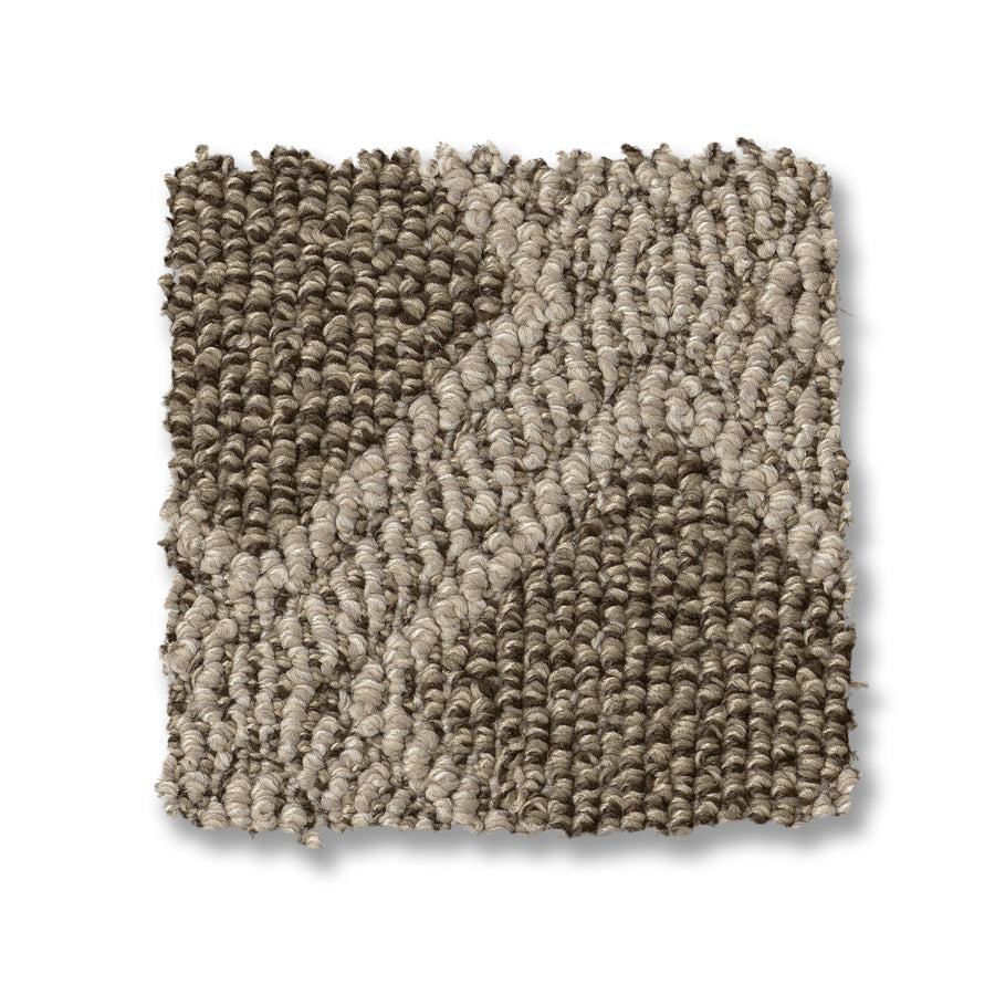Scout Pet Friendly Carpet is a square swatch of durable carpet in brown and beige, featuring a diamond geometric pattern with raised loops and diagonal lines on a white background.
