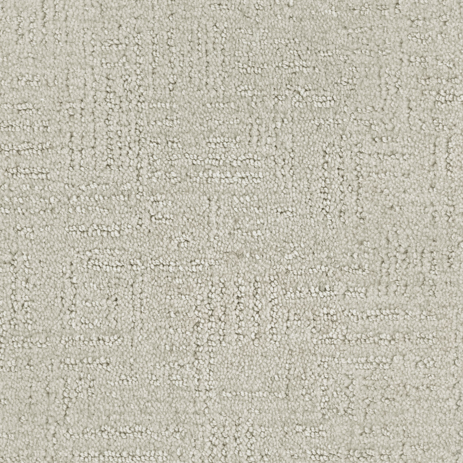 Close-up of Distinctive Family Friendly Carpet in light beige nylon, featuring a subtle, textured geometric pattern with intersecting lines and rectangles for a soft, modern look ideal for home decor.