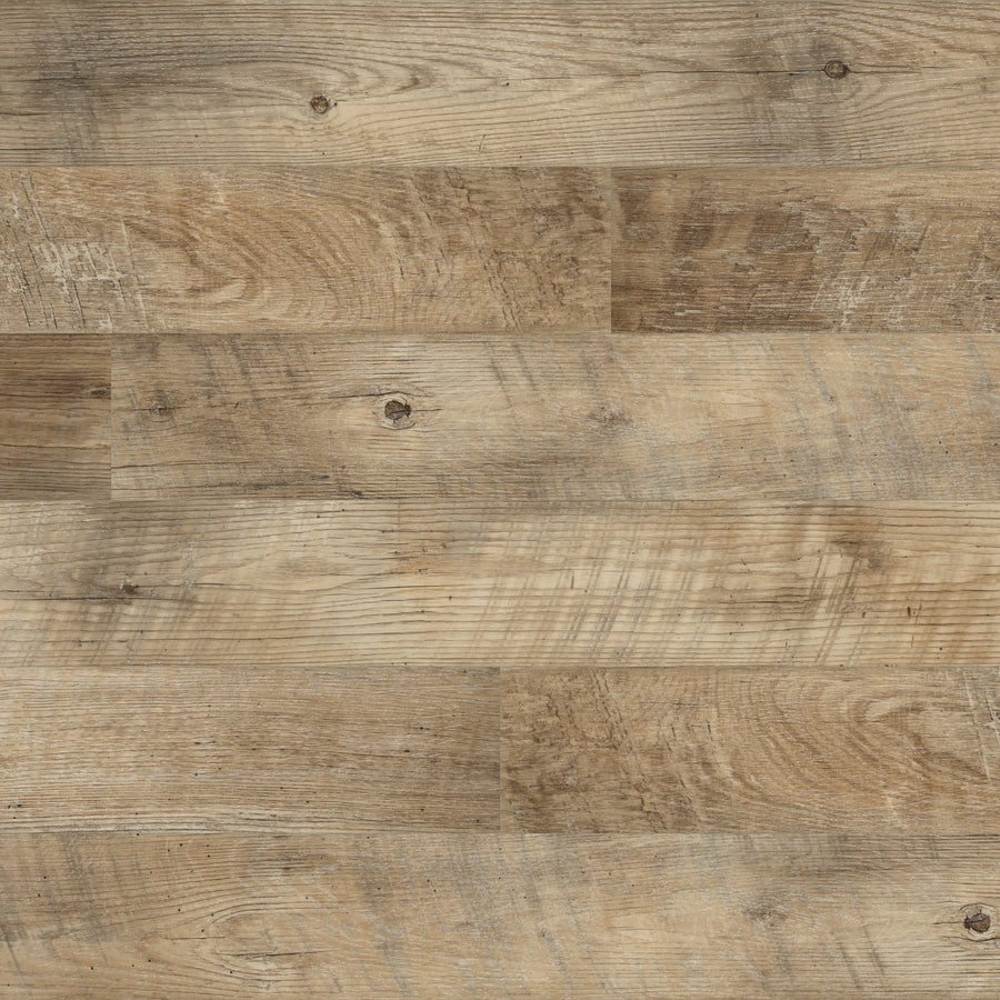 Adura Max 6" Vinyl Plank in Dockside Sand features varied brown shades with realistic wood grain, knots, and textured patterns for a rustic, weathered look—ideal for those seeking durable, timeless vinyl flooring.