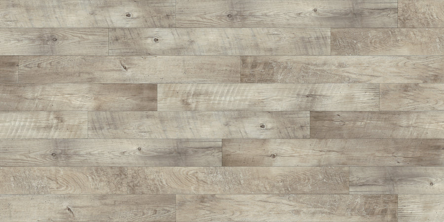 Close-up of Adura Max 6" Vinyl Plank in Dockside Seashell, featuring light brown and grayish tones with natural wood grain and knots in a staggered layout for a durable flooring option.