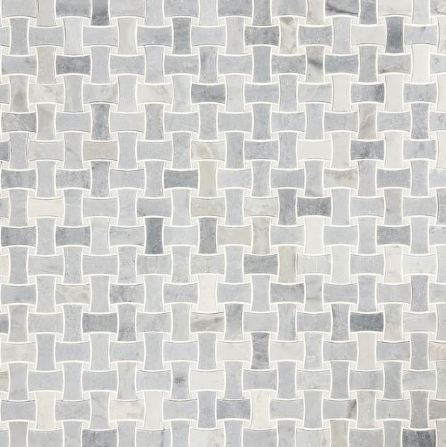 Blue Horizon Dogbone Basketweave Mosaic in w/ White Dot Honed features interlocking curved rectangular shapes that create a woven, geometric look across the surface—perfect for adding dimension to accent walls.