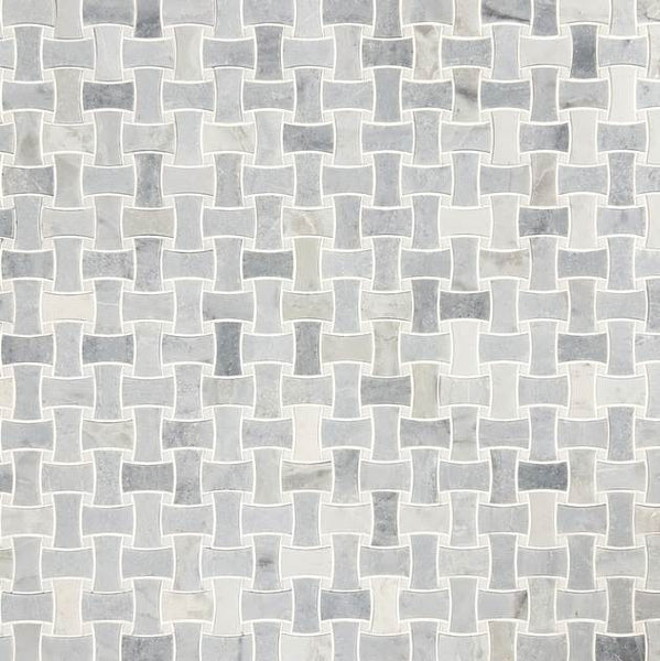Blue Horizon Dogbone Basketweave Mosaic in w/ White Dot Honed features interlocking curved rectangular shapes that create a woven, geometric look across the surface—perfect for adding dimension to accent walls.