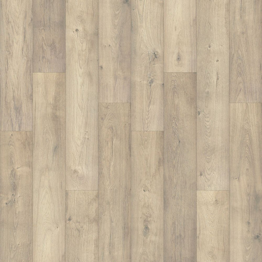 Norella Veil 7 1/2" Waterproof Laminate in Dove Gray Oak offers wide planks with a natural grain and subtle knots, a smooth matte finish, and advanced waterproof technology for stylish, durable flooring.