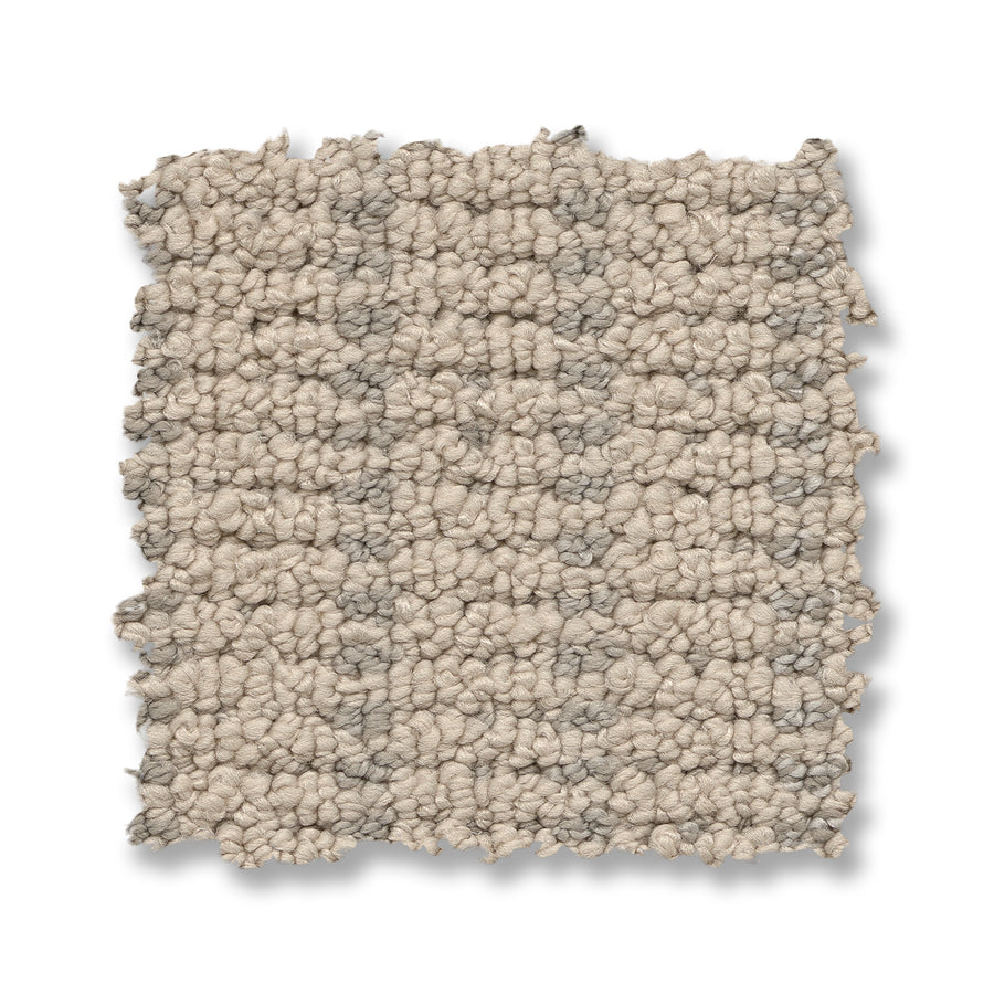 A square swatch of Laken On Trend Carpet, featuring beige and gray textured loop pile with a rough, woven look, is shown against a white background.