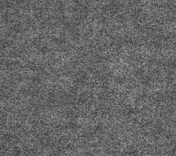 A close-up of the Windsurf Pet Friendly Carpet in Drizzle shows its soft, dense gray fabric with a subtle mottled and speckled pattern, blending comfort with a modern look.