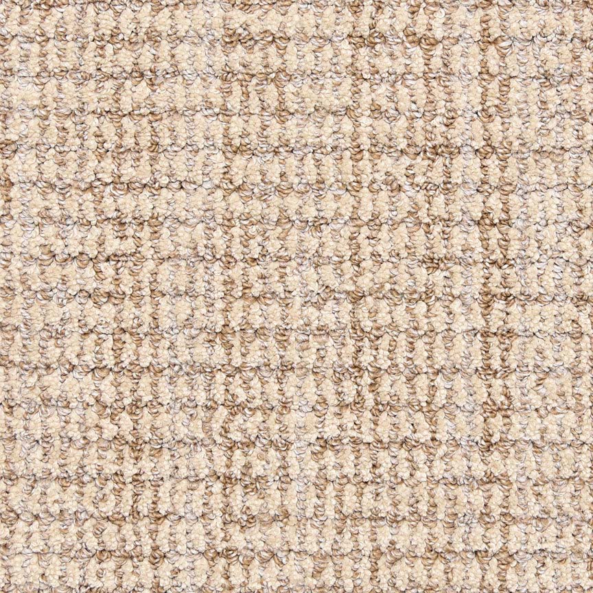 Close-up of Aspen Berber Carpet in Dune, showing a durable looped pile and grid-like pattern created by tightly woven fibers in tan and cream shades.