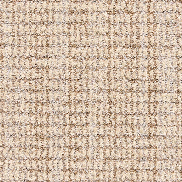 Close-up of Aspen Berber Carpet in Dune, showing a durable looped pile and grid-like pattern created by tightly woven fibers in tan and cream shades.