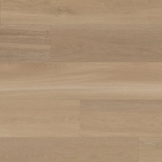 Art Select Click 9" Vinyl Plank in Dune Oak offers wide, light brown planks with subtle wood grain and a smooth matte finish. Durable click-lock vinyl installs in a staggered pattern for a natural, modern look.
