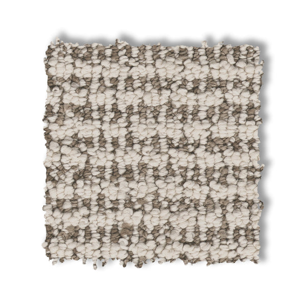A square swatch of Laine On Trend Carpet displays its looped pile and alternating beige and taupe stripes, highlighting the carpet’s textured design on a white background.