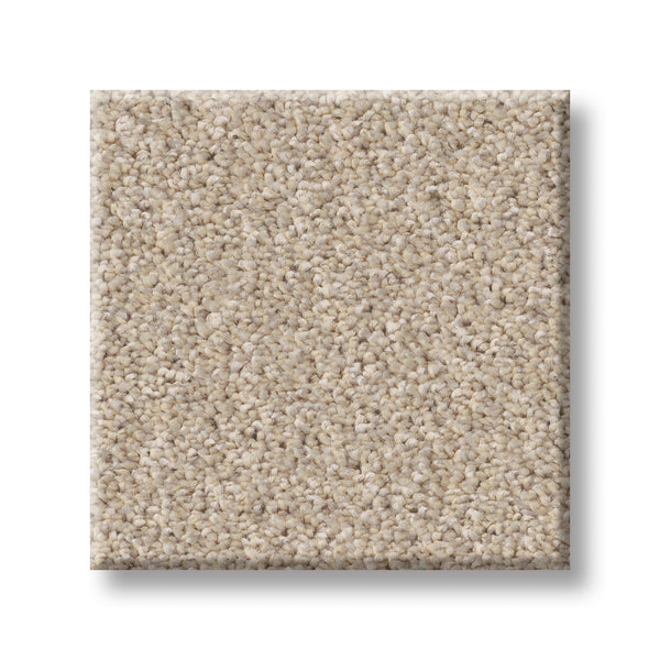 A square sample of Imaginable I Family Friendly Carpet in the light beige Dunes color, featuring a textured, looped pile. Set against a plain white background to emphasize its soft, plush surface—an ideal choice for anyone seeking luxurious comfort and family friendliness in their space.