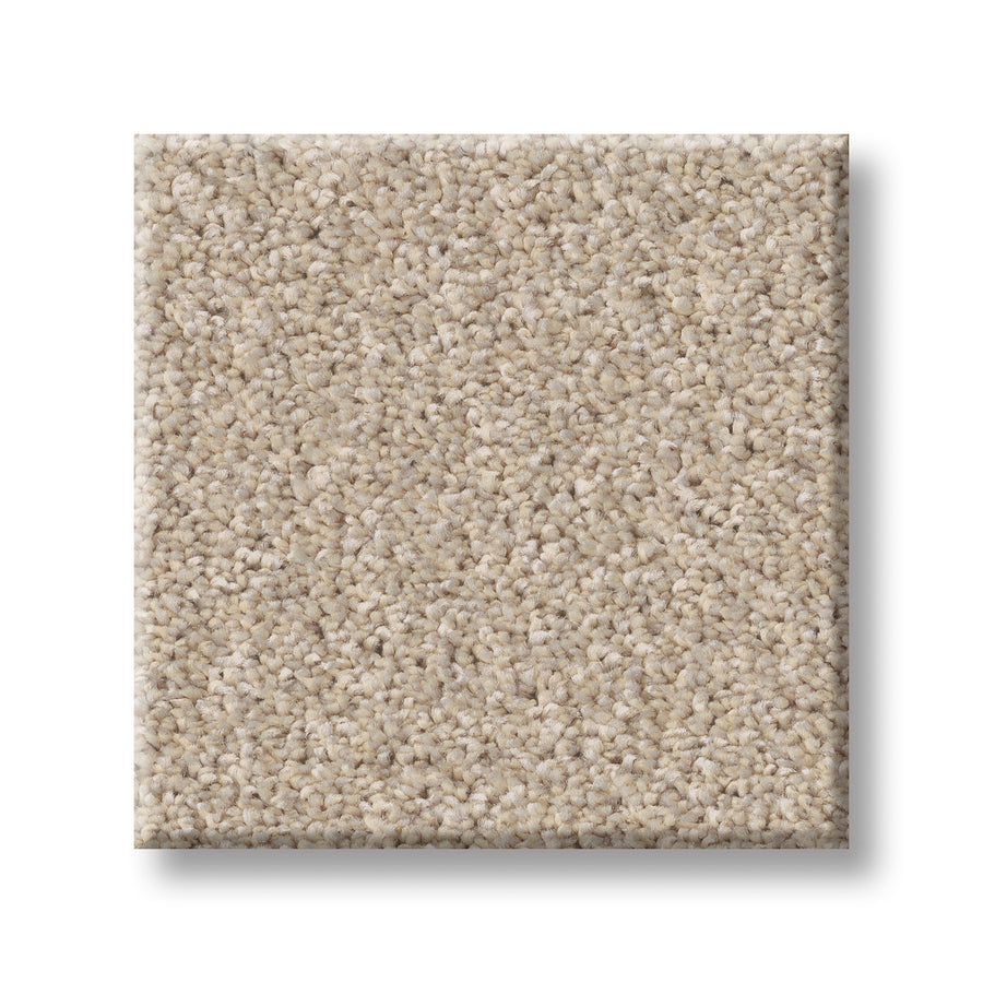 A square sample of Imaginable I Family Friendly Carpet in the light beige Dunes color, featuring a textured, looped pile. Set against a plain white background to emphasize its soft, plush surface—an ideal choice for anyone seeking luxurious comfort and family friendliness in their space.