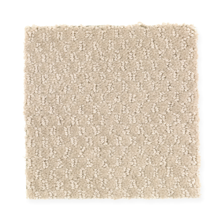 A rectangular swatch of Dynamo Family Friendly Carpet in Candle Wax, featuring a light beige color with a looped, slightly uneven pile and durable texture, is displayed on a white background.