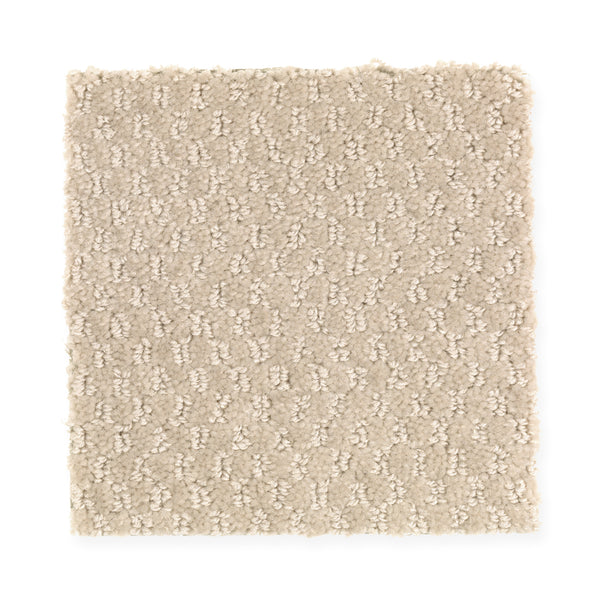 A rectangular swatch of Dynamo Family Friendly Carpet in Candle Wax, featuring a light beige color with a looped, slightly uneven pile and durable texture, is displayed on a white background.