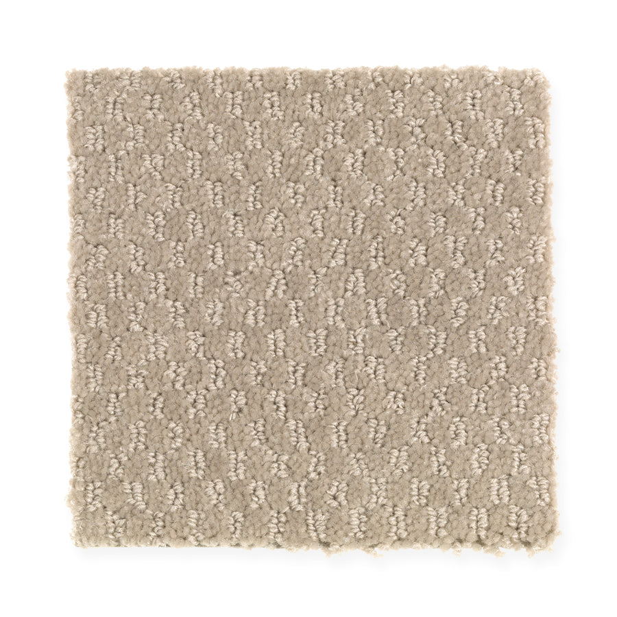 Dynamo Family Friendly Carpet sample in Mushroom Cap features a textured, looped pattern with light and medium beige fibers, creating a soft, plush surface and a subtle spotted design perfect for family spaces.