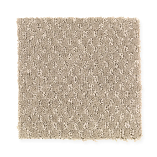 Dynamo Family Friendly Carpet sample in Mushroom Cap features a textured, looped pattern with light and medium beige fibers, creating a soft, plush surface and a subtle spotted design perfect for family spaces.