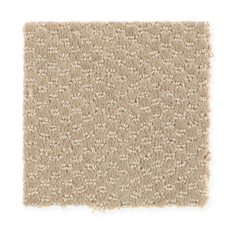A square swatch of Dynamo Family Friendly Carpet in Bamboo Buff, featuring a looped and patterned textured surface, is displayed on a white background.