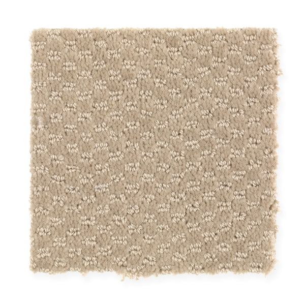 A square swatch of Dynamo Family Friendly Carpet in Bamboo Buff, featuring a looped and patterned textured surface, is displayed on a white background.