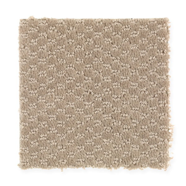 A square swatch of Dynamo Family Friendly Carpet in Corkboard shows a beige, textured, looped pattern on a white background; the sample's edges appear slightly frayed.