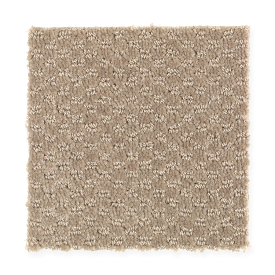 A square swatch of Dynamo Family Friendly Carpet in French Toast, featuring a textured beige surface with a subtle raised loop pattern—an ideal, comfortable choice for families seeking durability and style.
