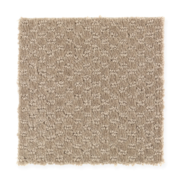 A square swatch of Dynamo Family Friendly Carpet in French Toast, featuring a textured beige surface with a subtle raised loop pattern—an ideal, comfortable choice for families seeking durability and style.