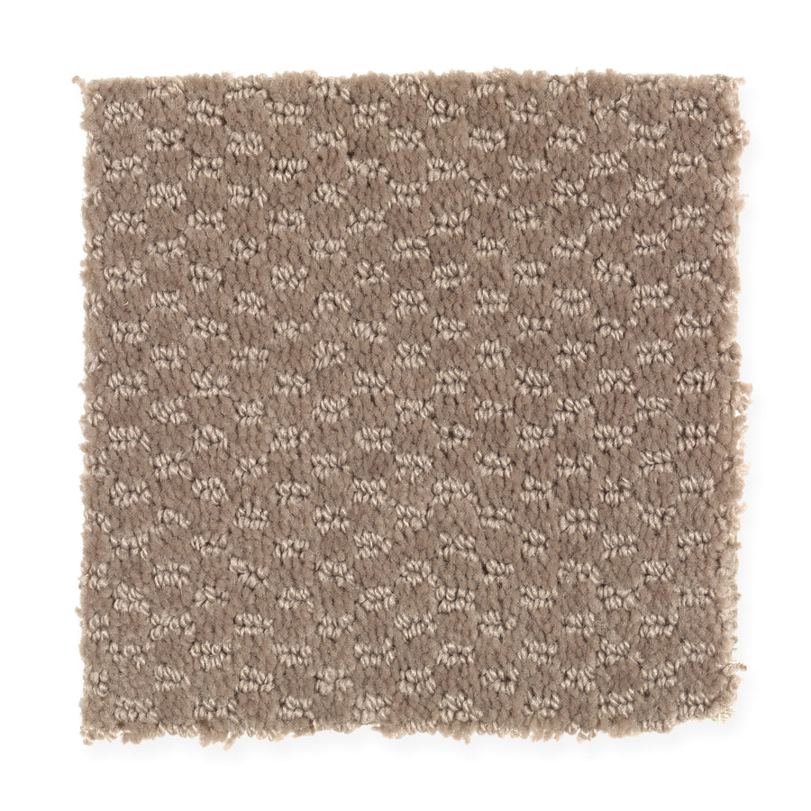 A square sample of Dynamo Family Friendly Carpet in Havana Tan, featuring a looped and cut pile with a subtle geometric pattern and small raised shapes, displayed on a white background.