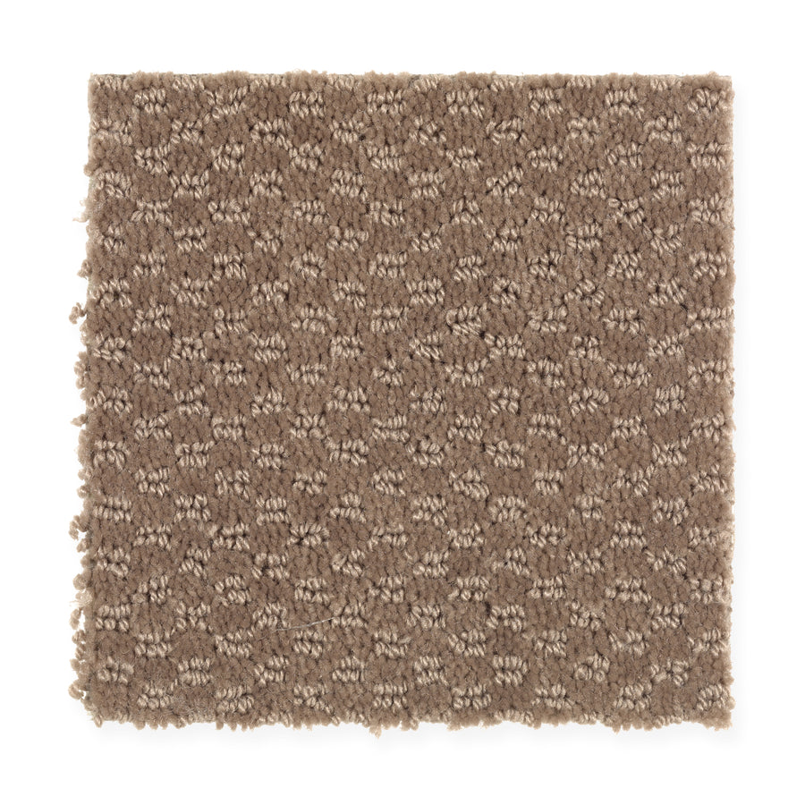 The Dynamo Family Friendly Carpet in Gingersnap features a durable, tan-brown rectangular swatch with a subtle dotted and looped pattern, offering a comfortable, family-friendly option shown against a white background.