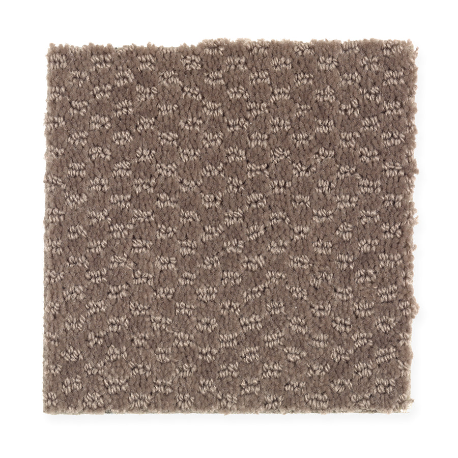 A square swatch of Dynamo Family Friendly Carpet in Wild Frontier, featuring durable, textured brown fibers with a subtle repeating geometric pattern on a white background.