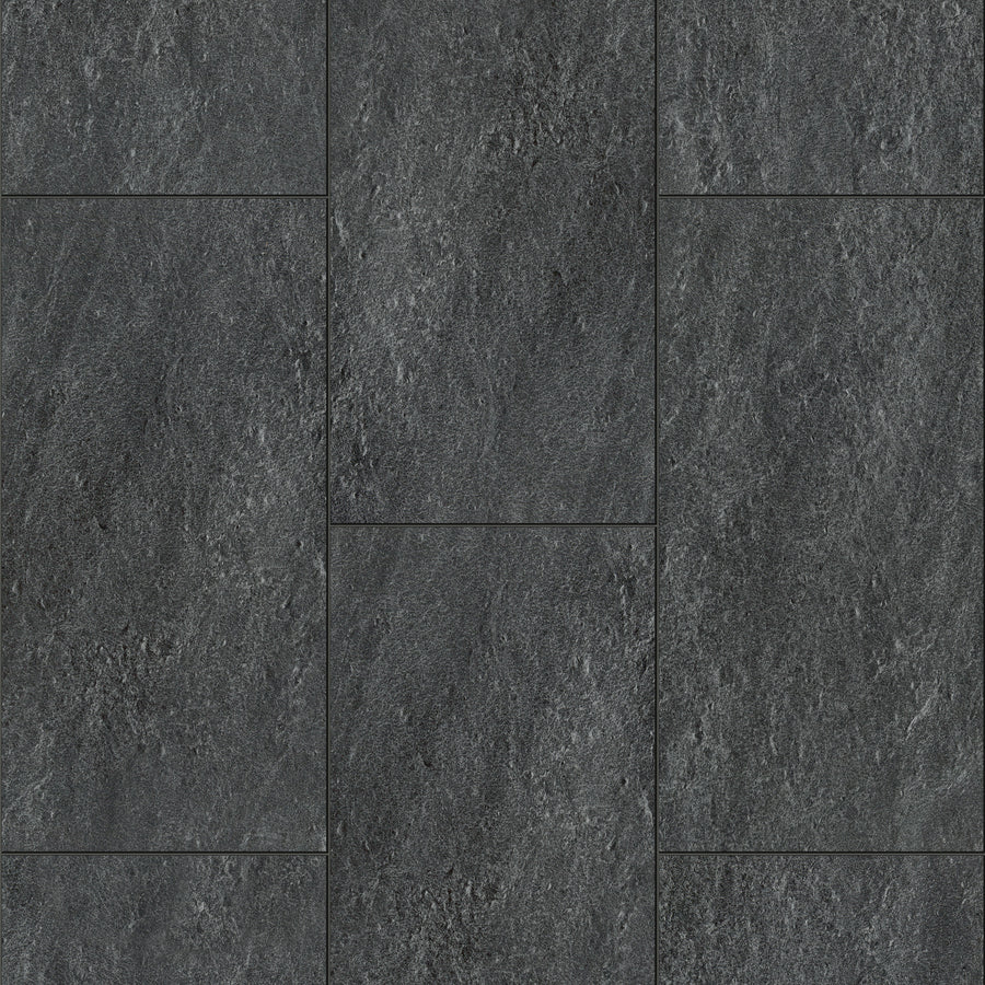 Coretec Plus Tile Luxury Vinyl Tile features dark gray, slightly textured tiles arranged in a staggered pattern with subtle shade variations—ideal for stylish, waterproof flooring throughout your space.
