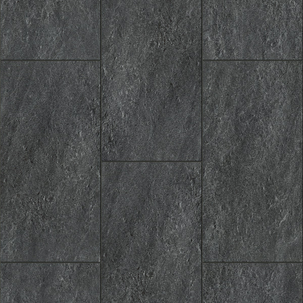 Coretec Plus Tile Luxury Vinyl Tile features dark gray, slightly textured tiles arranged in a staggered pattern with subtle shade variations—ideal for stylish, waterproof flooring throughout your space.