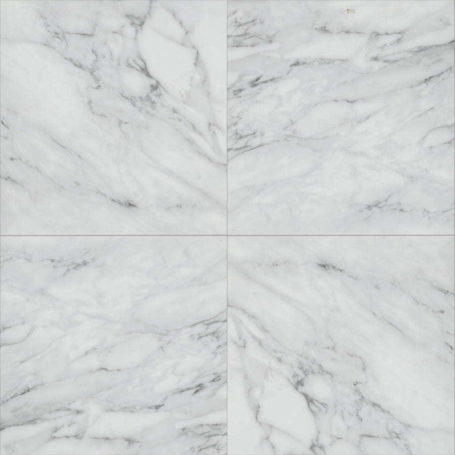 Four Coretec Solid Polymer Core Vinyl Tiles with gray veining form a smooth, elegant square grid—perfect for those seeking the classic marble look in durable luxury vinyl flooring.