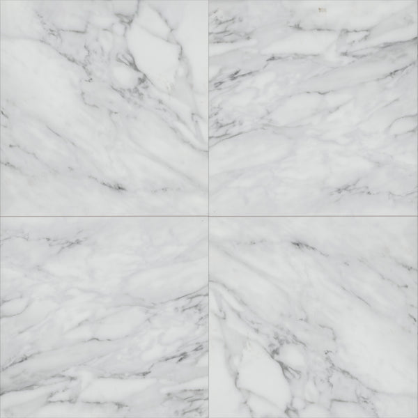 Four Coretec Solid Polymer Core Vinyl Tiles with gray veining form a smooth, elegant square grid—perfect for those seeking the classic marble look in durable luxury vinyl flooring.