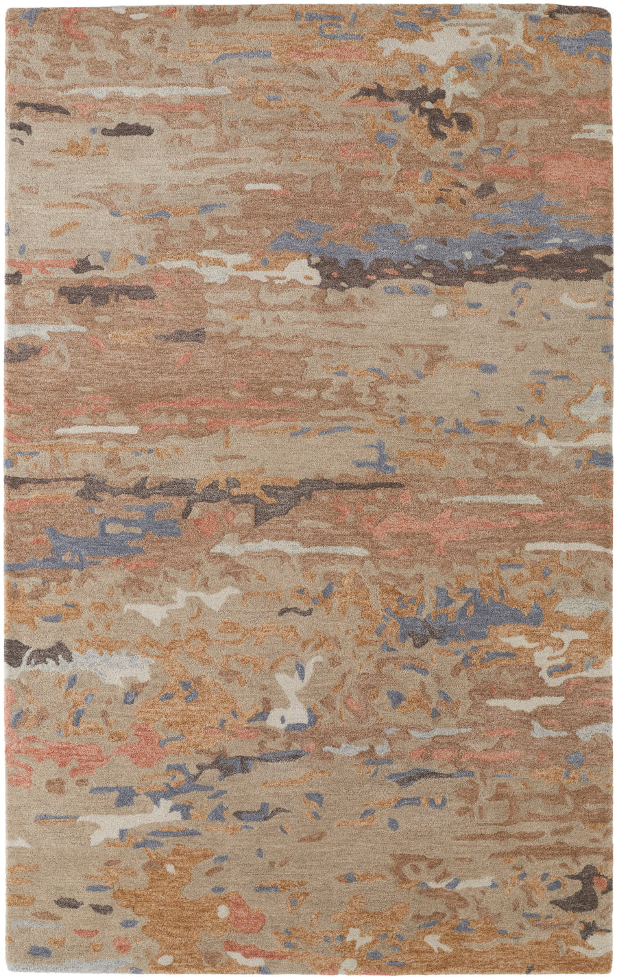 The Everley Area Rug showcases an abstract pattern in beige, brown, blue, and rust tones, bringing elegant texture and sophistication to your space.