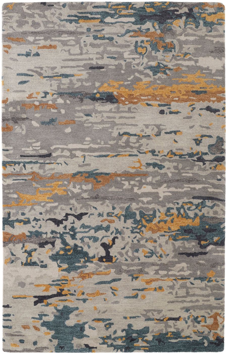 The Everley Gray Area Rug showcases a textured pattern in gray, blue, gold, and orange hues, resembling brush strokes for a modern, artistic accent that elevates your home décor.