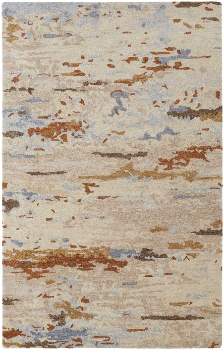 The Everley Area Rug showcases a beige background with irregular light blue, brown, rust, and tan patterns for a watercolor-inspired look—an elegant choice to enhance your home décor.