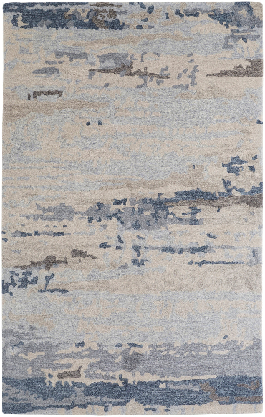 The Everley Blue Area Rug features an elegant abstract pattern in blue, gray, and beige tones, resembling watercolor brushstrokes—ideal for enhancing your home décor.
