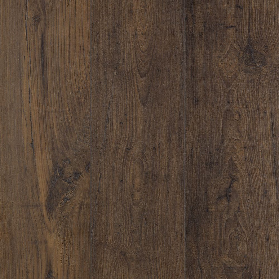 Close-up view of Rare Vintage 7 1/2" Waterproof Laminate in Earthen Chestnut, featuring dark brown wood grain patterns and knots for a rustic yet luxurious floor appearance.