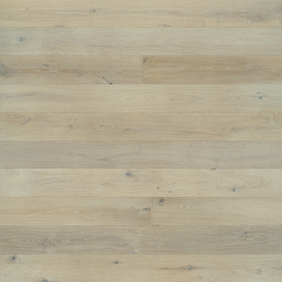 Provincetown 7 1/2" White Oak Hardwood features light European White Oak planks with visible grain and knots. The smooth, even surface displays subtle shade and texture variations, arranged in horizontal flooring.