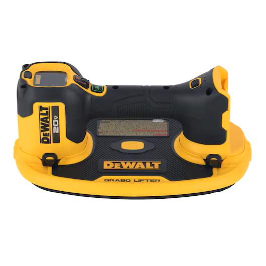 The Dewalt Grabo Tile Lifter 20V, in yellow and black, offers high load capacity for lifting heavy materials. Shown against a white background.