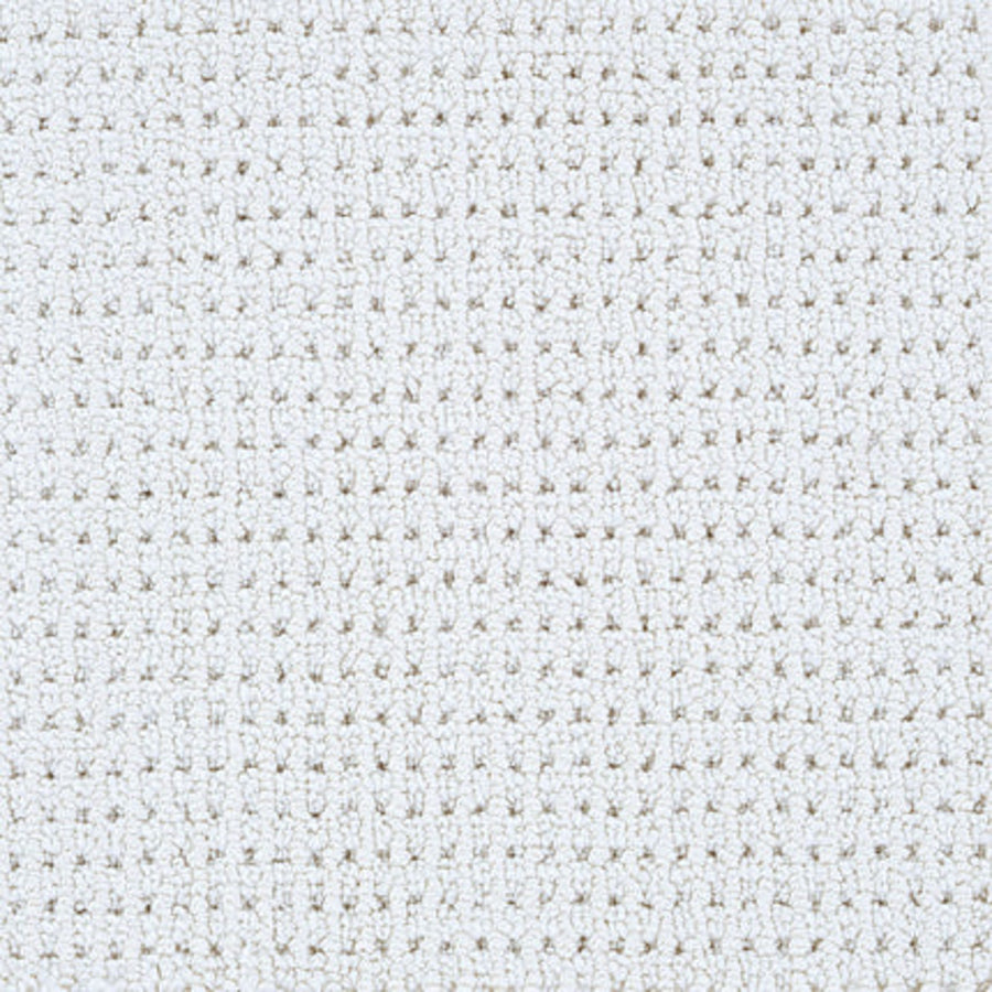 Close-up of Top Notch Berber Carpet in Ecru, featuring a textured white woven surface with a grid-like pattern—subtly elegant, stain resistant, and defined by small, evenly spaced squares formed by intersecting threads.