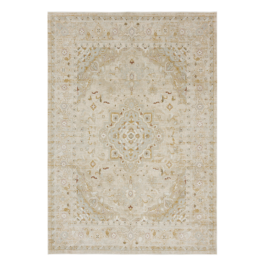The Windermere Edenhall Cream Area Rug showcases a symmetrical floral and geometric design in beige, cream, and light brown tones with a decorative border, adding a touch of luxury to any room.
