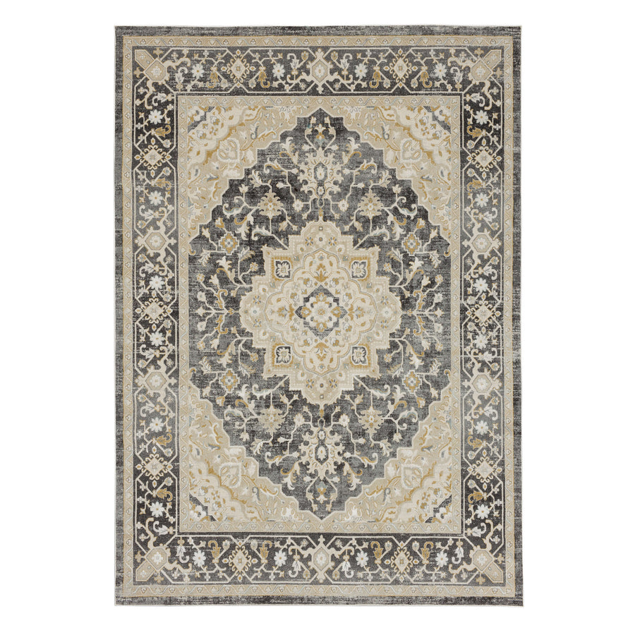 The Windermere Edenhall Gray Area Rug showcases ornate floral and geometric patterns in beige, cream, gray, and black with a detailed border and elegant central medallion.