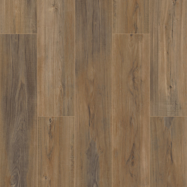 A close-up of Coretec Pro Plus Enhanced Vinyl flooring, featuring wooden planks in varied brown shades with visible grain and natural knots, arranged in a staggered pattern.